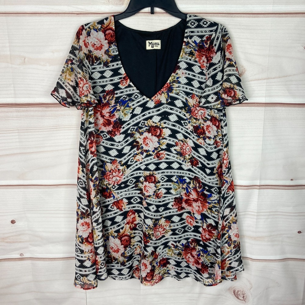 Show Me Your MuMu Dress Womens Small Floral Kylie Mini V-Neck Swing Short Sleeve